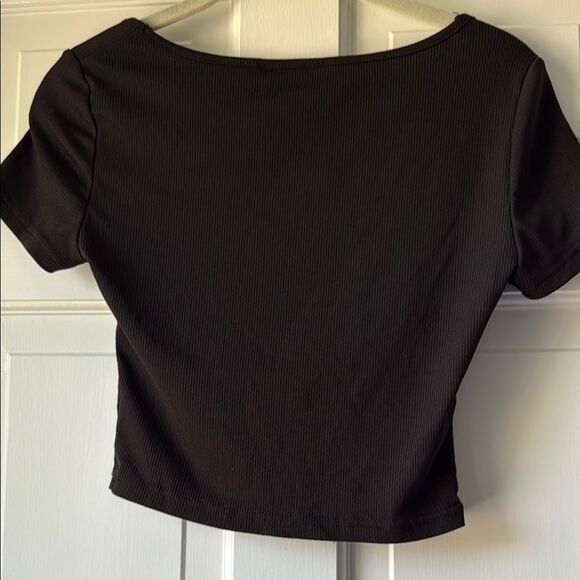 Cider Ruched Square Neck Black Ribbed Knit Crop Top Small Sexy Cropped - Picture 3 of 5